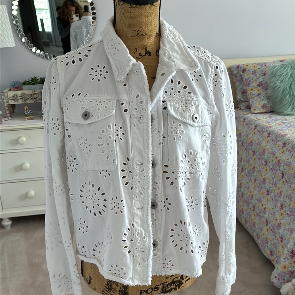J Jill White Eyelet Embroidered Button-Up Jacket